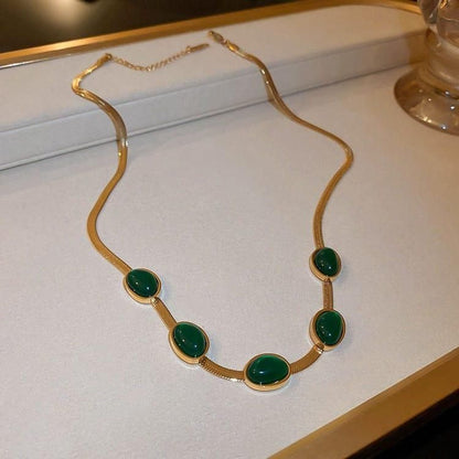 Emerald Green Crystal Pendant Necklace & Bracelet Set – Elegant Minimal Jewelry for Women