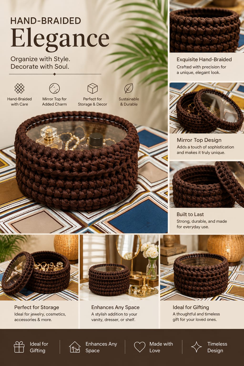 Hand-Braided Mirror Top Storage Basket | Handmade Decorative Organizer