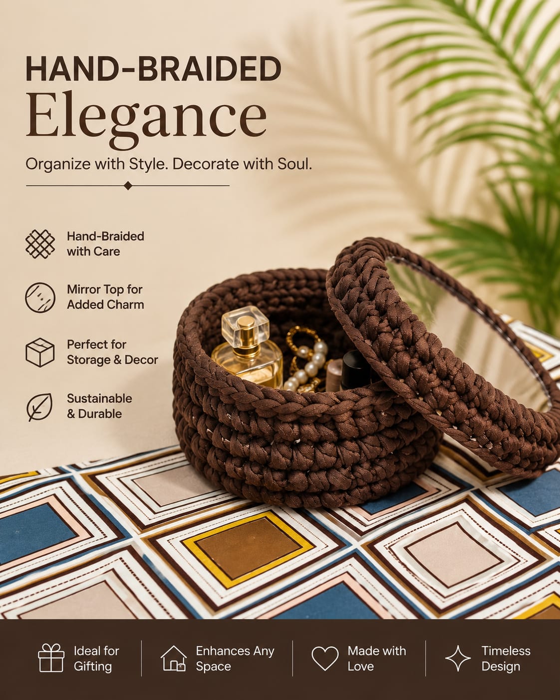 Hand-Braided Mirror Top Storage Basket | Handmade Decorative Organizer