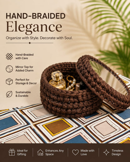 Hand-Braided Mirror Top Storage Basket | Handmade Decorative Organizer