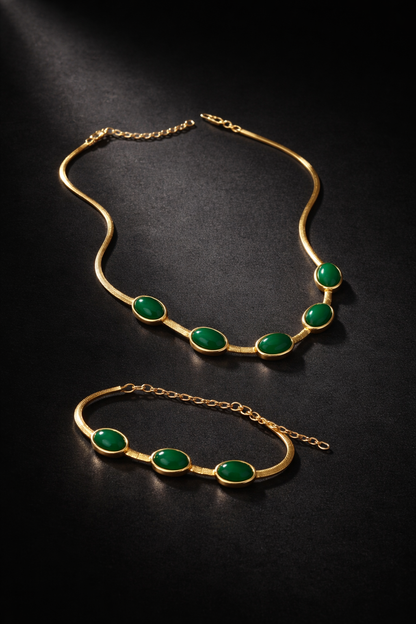 Emerald Green Crystal Pendant Necklace & Bracelet Set – Elegant Minimal Jewelry for Women