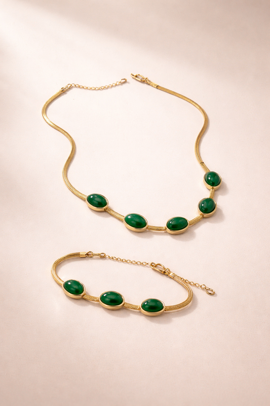 Emerald Green Crystal Pendant Necklace & Bracelet Set – Elegant Minimal Jewelry for Women