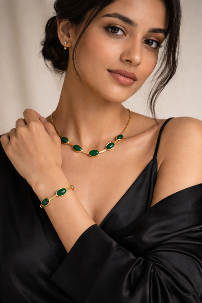 Emerald Green Crystal Pendant Necklace & Bracelet Set – Elegant Minimal Jewelry for Women
