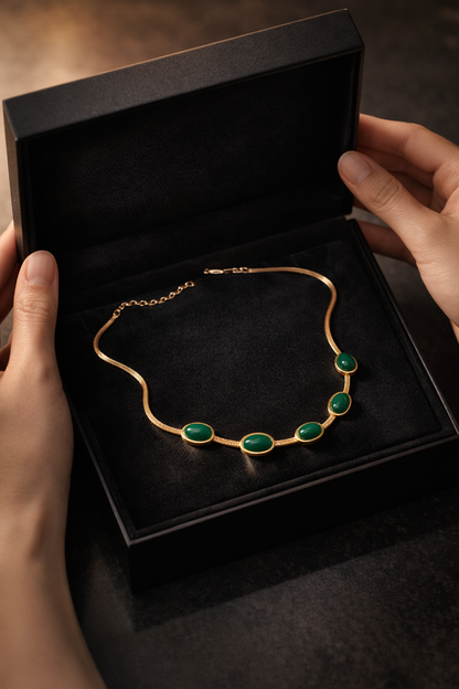 Emerald Green Crystal Pendant Necklace & Bracelet Set – Elegant Minimal Jewelry for Women